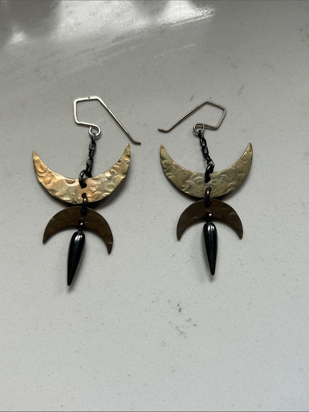 Hammered Bronze Silver Crescent moon tribal Earrings Luna goth festival handmade
